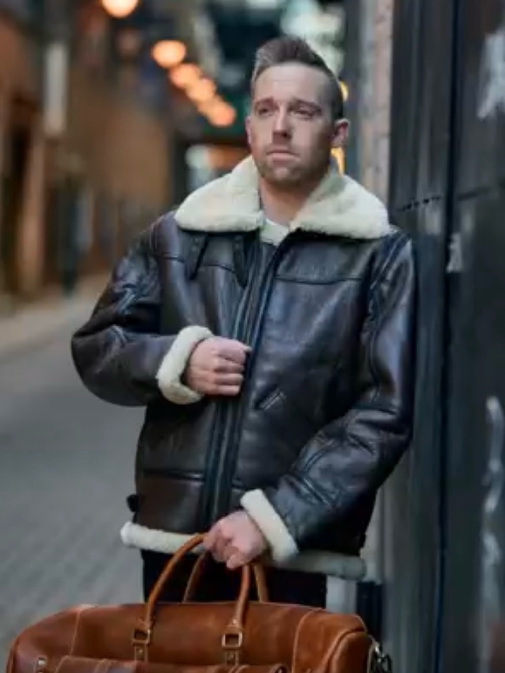 B3  Real Shearling Bomber Jacket Aviator with Cream Collar